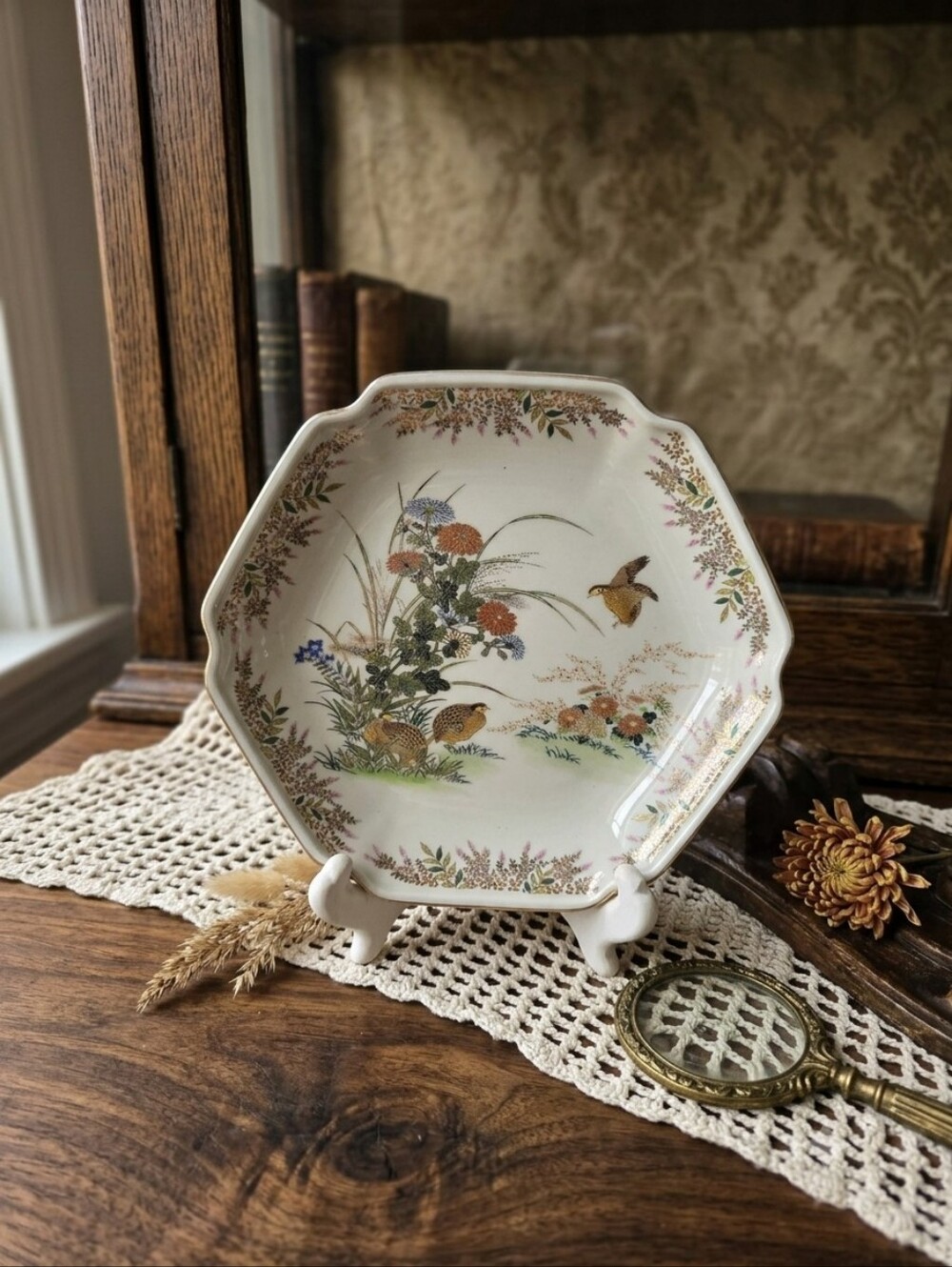 Vintage Otagiri Japan Octagonal Decorative Plate โ Quail & Floral with Gold Gilt